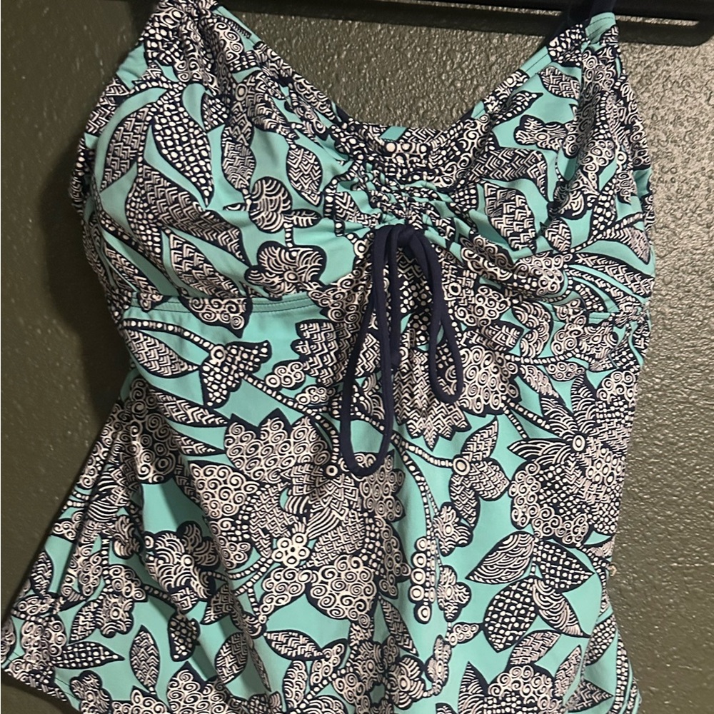 Lands’ End Floral Print Tankini Aqua Navy Top Underwire 12 D